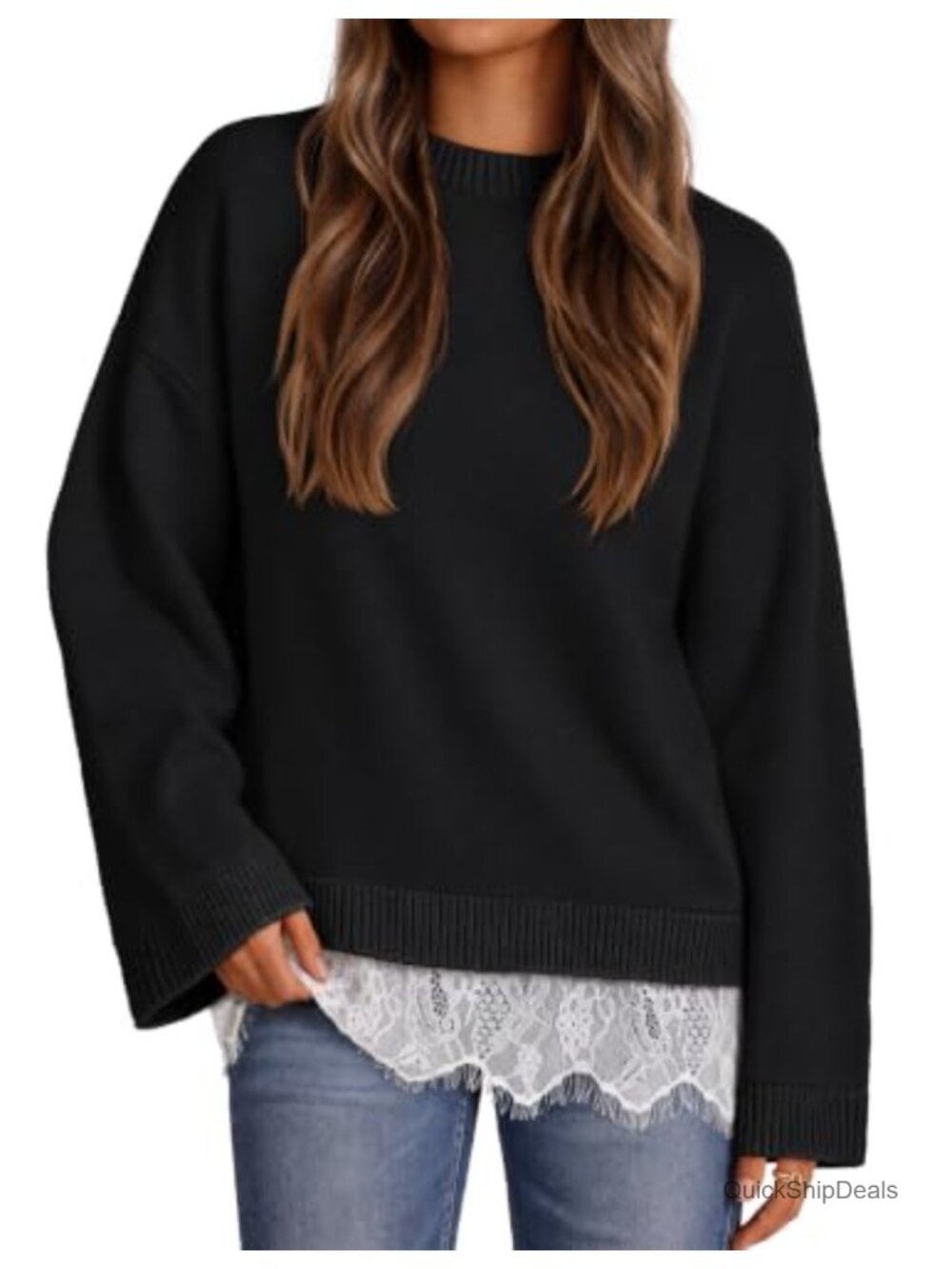 Oversized Lace Hem Sweater Pullover Crew Neck Drop Shoulder Knit